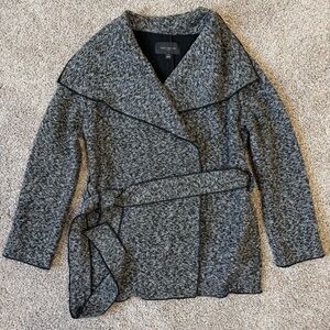 Ann Taylor NYC Chic Belted Wrap Jacket Gray Tweed Workwear Blazer M
